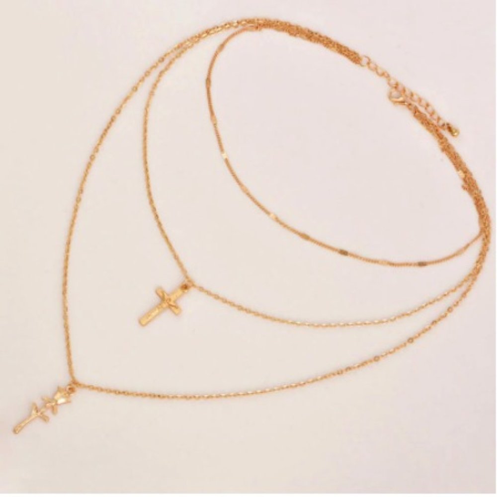Beautiful Cross Rose 3 Strand Gold Necklace - Picture 2 of 2